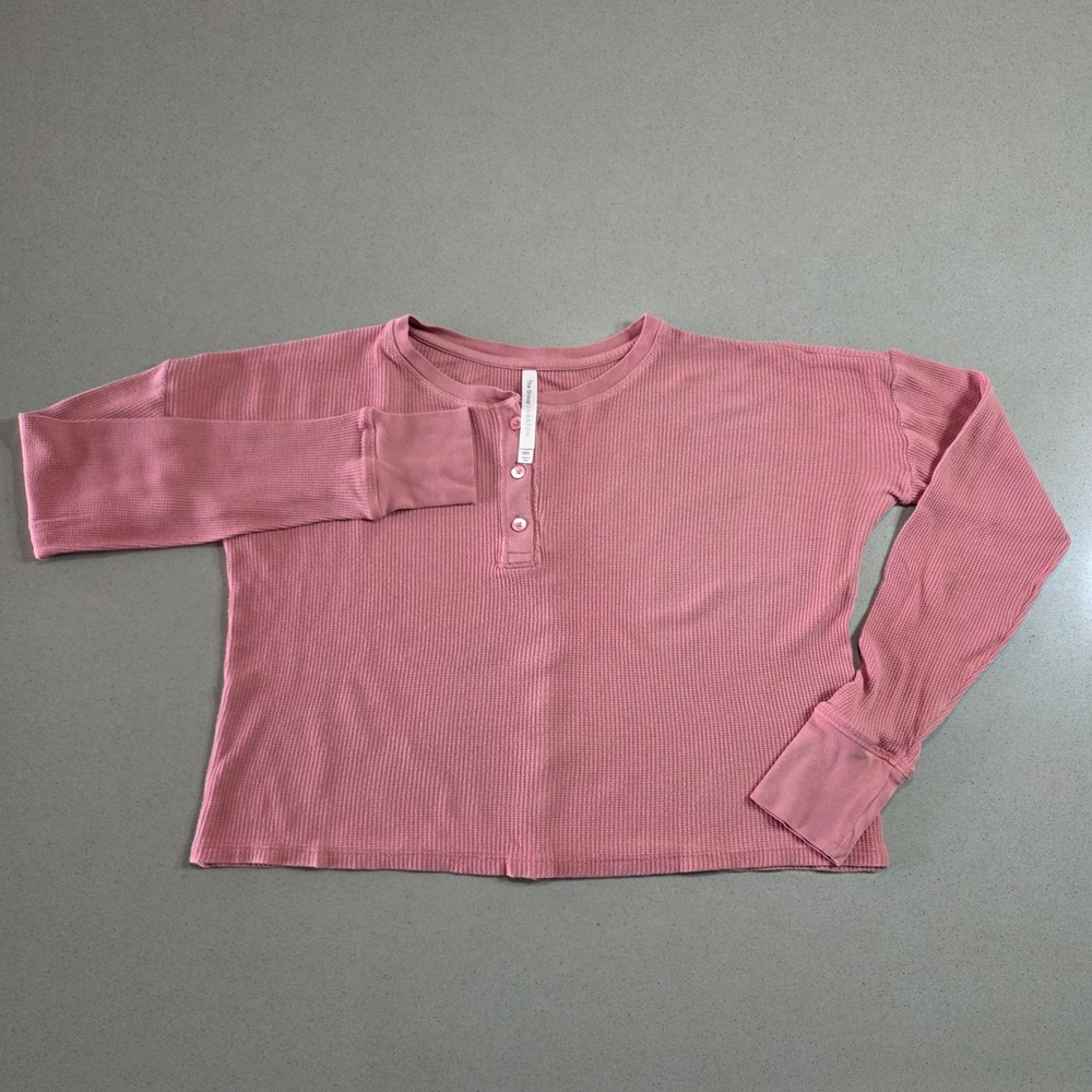 The Group by Babaton Womens XXS Pink Waffle Knit Henley Long Sleeve Cropped Top
